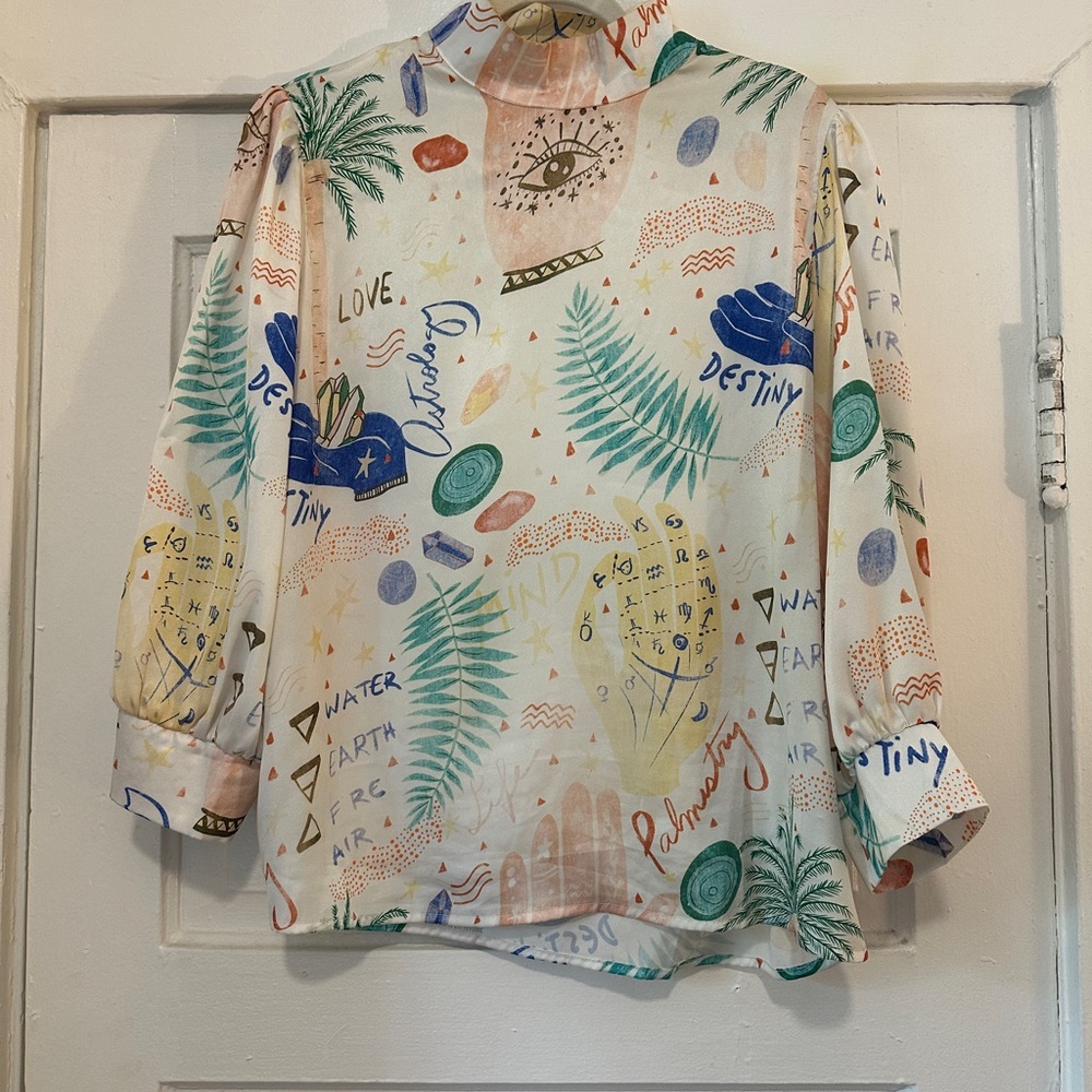 Whimsical Boho Patterned Mock Neck Blouse